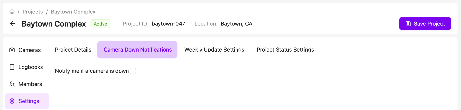 Project Camera Down Notification Settings